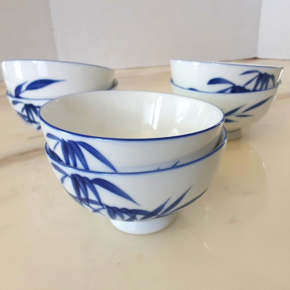 MISTY ROSE Super White Rice|Soup Bamboo Cobalt Blue Ceramic Bowls Set of 6 - Vtg